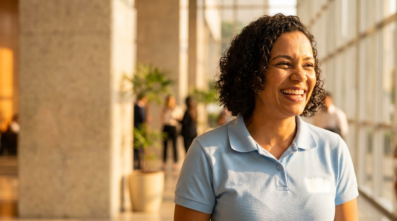 Profissional sorrindo em um ambiente comercial