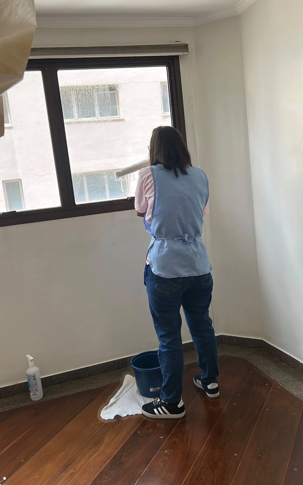 Profissional da equipe limpando uma janela