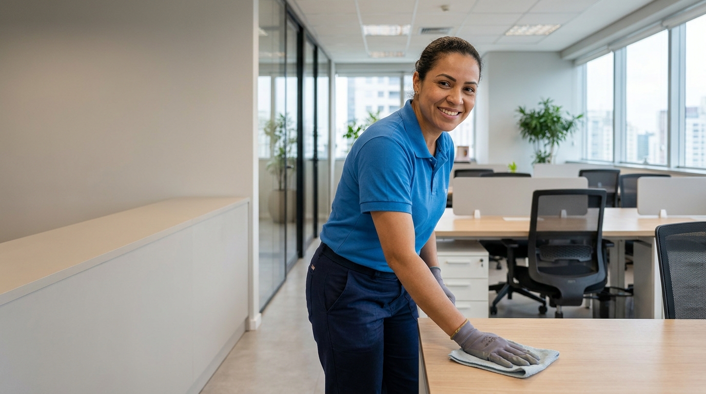 Profissional sorrindo durante a limpeza de uma mesa de escritório