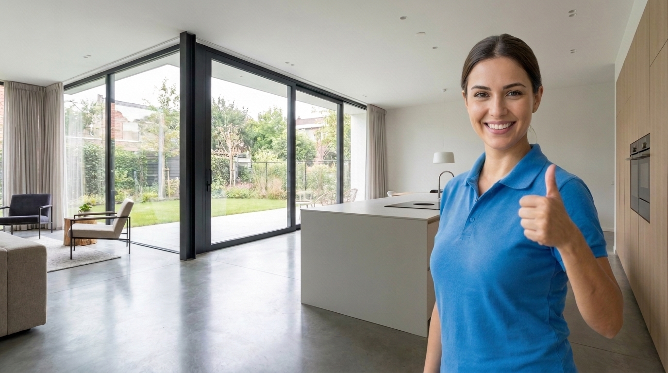 Profissional sorrindo em um ambiente residencial