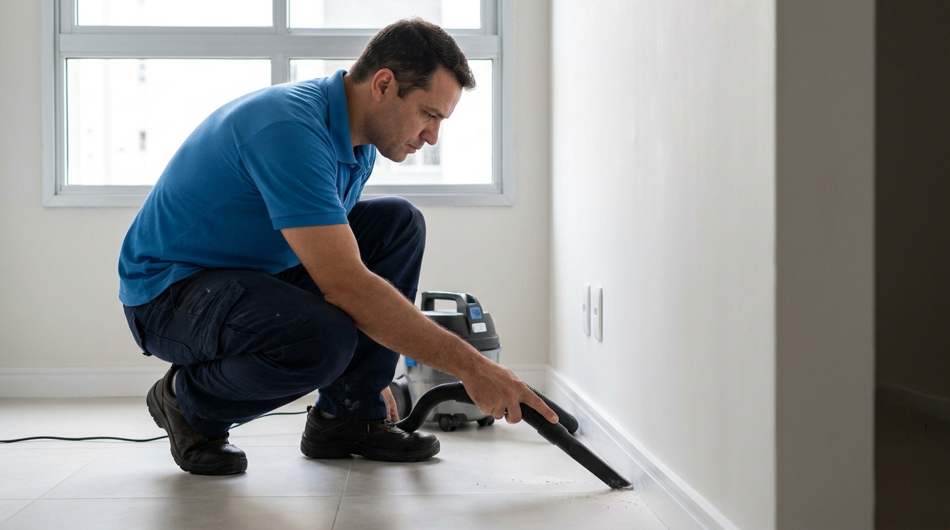 Profissional aspirando pó fino junto ao rodapé