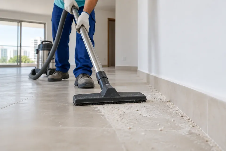 Aspiração de poeira e resíduos de obra junto ao rodapé de um apartamento