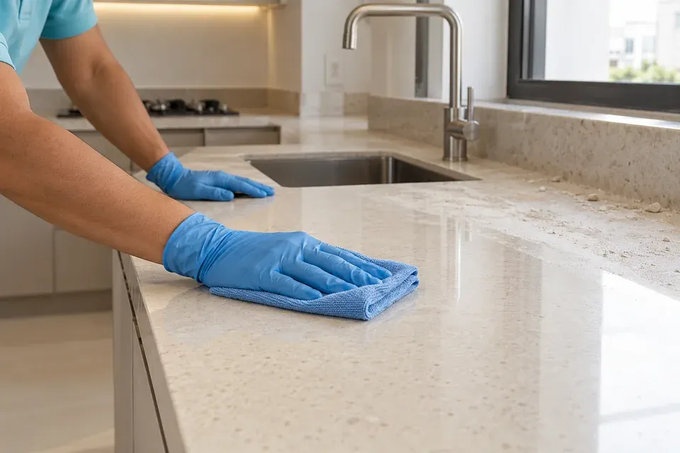 Limpeza de bancada com pano de microfibra e luvas de proteção